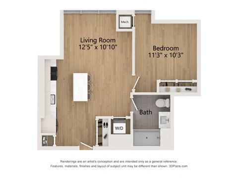 Floor plan for 1 bed, 1 bath, 625 sqft